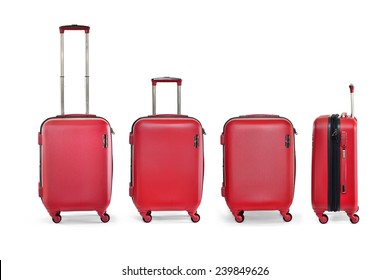 Close Up Of Red Travel Luggage Isolated On White Background, Selective Focus.