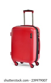 Close Up Of Red Travel Luggage Isolated On White Background, Selective Focus. 