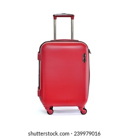 Close Up Of Red Travel Luggage Isolated On White Background, Selective Focus. 