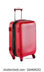 Close Up Of Red Travel Luggage Isolated On White Background, Selective Focus.