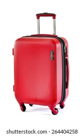 Close Up Of Red Travel Luggage Isolated On White Background, Selective Focus.