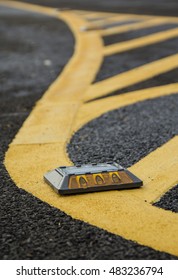 Close Up Reflector Solar Road Stud On Asphalt