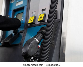 Close Up Of Refueling Hose At Gas Station. State Of California United States Of America.