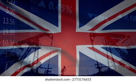The close relationship between resource extraction and price fluctuations in the British oil market within a complex geopolitical context. Illustrated with the United Kingdom flag, oil pumps, and business data.
