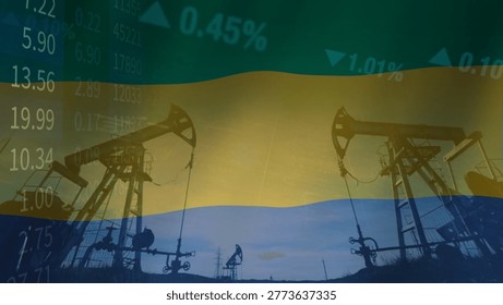 The close relationship between resource extraction and price fluctuations in the Gabonese oil market within a complex geopolitical context. Illustrated with the Gabon flag, oil pumps, and business data.