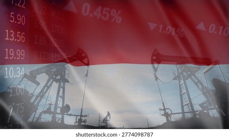 The close relationship between resource extraction and price fluctuations in the Indonesian oil market within a complex geopolitical context. Illustrated with the Indonesia flag, oil pumps, and business data.