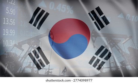 The close relationship between resource extraction and price fluctuations in the South Korean oil market within a complex geopolitical context. Illustrated with the South Korea flag, oil pumps, and business data.