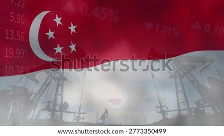 The close relationship between resource extraction and price fluctuations in the Singaporean oil market within a complex geopolitical context. Illustrated with the Singapore flag, oil pumps, and business data.