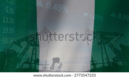 The close relationship between resource extraction and price fluctuations in the Nigerian oil market within a complex geopolitical context. Illustrated with the Nigeria flag, oil pumps, and business data.