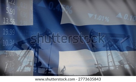 The close relationship between resource extraction and price fluctuations in the Finnish oil market within a complex geopolitical context. Illustrated with the Finland flag, oil pumps, and business data.