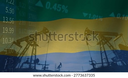 The close relationship between resource extraction and price fluctuations in the Gabonese oil market within a complex geopolitical context. Illustrated with the Gabon flag, oil pumps, and business data.