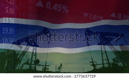 The close relationship between resource extraction and price fluctuations in the Gambian oil market within a complex geopolitical context. Illustrated with the Gambia flag, oil pumps, and business data.
