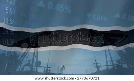 The close relationship between resource extraction and price fluctuations in the Botswanan oil market within a complex geopolitical context. Illustrated with the Botswana flag, oil pumps, and business data.