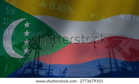 The close relationship between resource extraction and price fluctuations in the Comorian oil market within a complex geopolitical context. Illustrated with the Comoros flag, oil pumps, and business data.