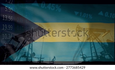 The close relationship between resource extraction and price fluctuations in the Bahamian oil market within a complex geopolitical context. Illustrated with the Bahamas flag, oil pumps, and business data.