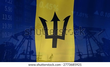 The close relationship between resource extraction and price fluctuations in the Barbadian oil market within a complex geopolitical context. Illustrated with the Barbados flag, oil pumps, and business data.