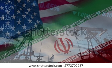The close relationship between resource extraction and price fluctuations in the US and Iranian oil markets within a complex geopolitical context. Illustrated with the USA and Iran flags, oil pumps, and business data.