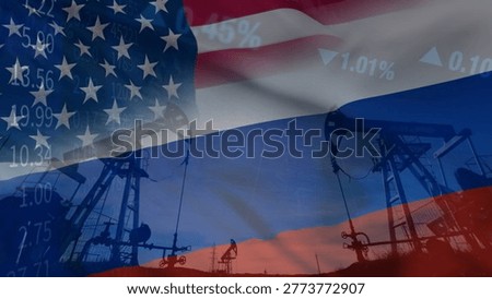 The close relationship between resource extraction and price fluctuations in the American and Russian oil markets within a complex geopolitical context. Illustrated with the USA and Russia flags, oil pumps, and business data.