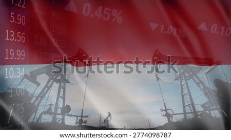 The close relationship between resource extraction and price fluctuations in the Indonesian oil market within a complex geopolitical context. Illustrated with the Indonesia flag, oil pumps, and business data.