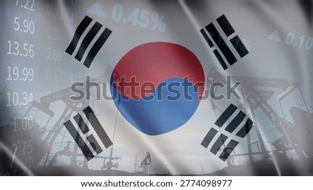 The close relationship between resource extraction and price fluctuations in the South Korean oil market within a complex geopolitical context. Illustrated with the South Korea flag, oil pumps, and business data.