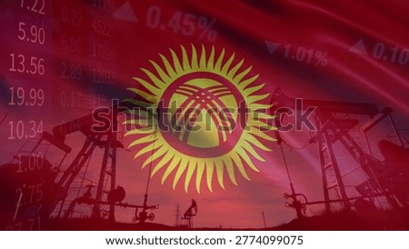 The close relationship between resource extraction and price fluctuations in the Kyrgyzstani oil market within a complex geopolitical context. Illustrated with the Kyrgyzstan flag, oil pumps, and business data.
