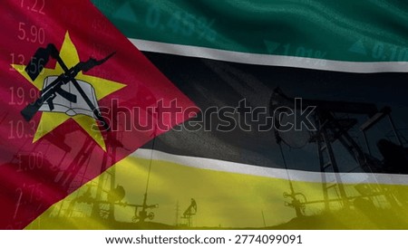 The close relationship between resource extraction and price fluctuations in the Mozambican oil market within a complex geopolitical context. Illustrated with the Mozambique flag, oil pumps, and business data.