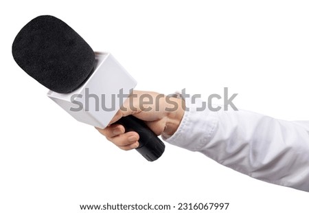 Close up Reporter Hand, Hand Holding Microphone for speech or interview on Isolate on white background with clipping path.