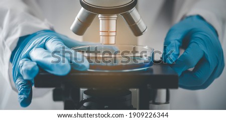 Close up Researchers are testing samples under a microscope in a laboratory.	