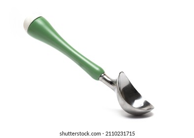 Close Up Of Retro Metal Ice Cream Scooper Ice Cream Scoop With Art Steel Handle For Making Ice Cream Scoops On Wafers On White Background