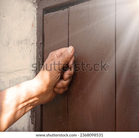 Close up retro rustic rural front dark black church visit adult age saint Peter ask arab open dark gate. Arabian Israel middle east holy jew Joseph walk Lord story hold pray gospel concept text space