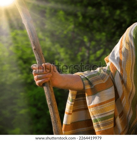 Close up retro rustic tool medieval rural herd devote adult age wise herder worker saint prayer John baptist. Middle east holy jew Joseph robe cloth walk Lord pray hope bible story rod symbol concept