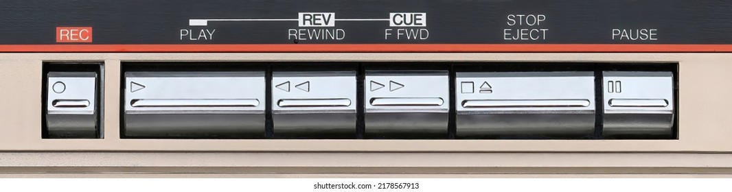 Close Up Of A Retro Tape Deck Buttons, Record, Play, Fast Forward, Rewind, Stop, Eject And Pause