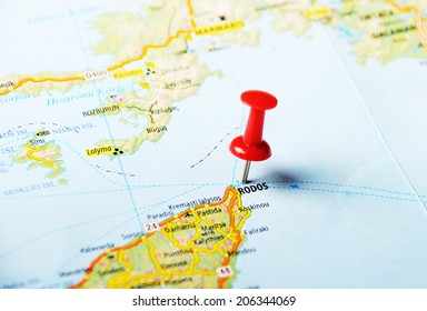 Close up of  Rhodes  island Greece  map with red pin  - Travel concept