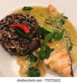 Close Up Rice With Green Curry Salmon