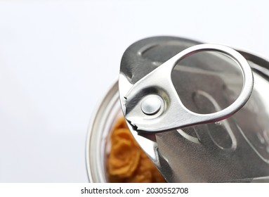 Close up of ring pull aluminum of can. Tin cans with open lid.