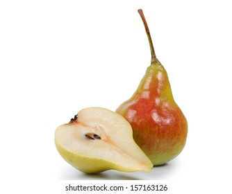 Close up of a ripe juciy halved pear showing the succulent flesh, core and pips over white background - Shutterstock ID 157163126