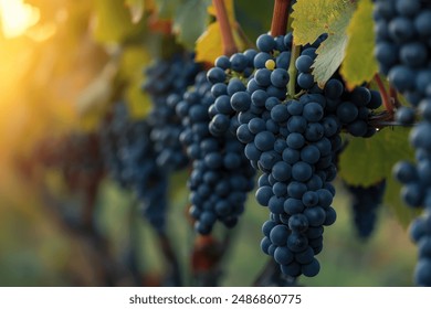 Close up of ripe purple grapes hanging on the vine in a vineyard at sunset, ready for harvest. The warm light of the setting sun illuminates the grapes, creating a beautiful and inviting scene