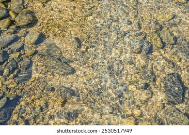 Close up of a riverbed showing clear water flowing over smooth stones and pebbles. The water is so clear that you can see the bottom of the riverbed. - Powered by Shutterstock