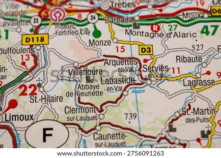Close up road map featuring Arquettes en Val and Limoux area in southern France