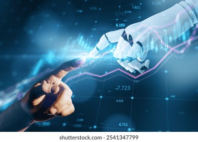 Close up of robot hand pointing at forex chart and man hand on blurry blue background. Robotics, finance, artificial intelligence and machine learning concept - Powered by Shutterstock