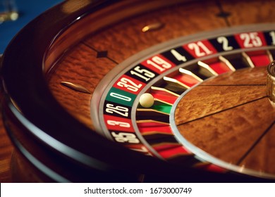 Close Up Roulette Wheel White Ball At Zero In Casino