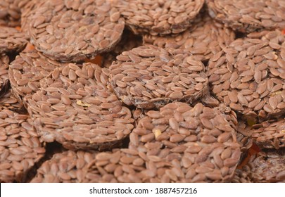 Close Up Of Round Organic Flaxseed Crackers