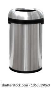 Close Up Of Round Trash Can Made Of Polished Stainless Steel. Public Metal Trash Garbage Can Isolated On White Background With Clipping Path.