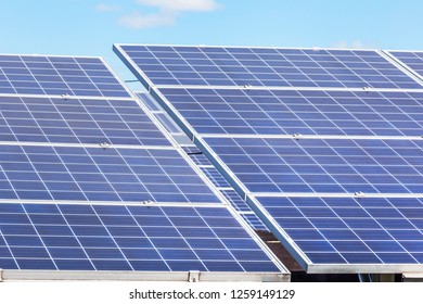 Close up rows array of polycrystalline silicon solar cells or photovoltaic cells in solar power plant turn up skyward absorb the sunlight from the sun alternative renewable energy 