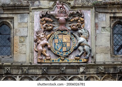 Close Up Of The Royal Coat Of Arms Carved Into The High Street Gate In Salisbury, Wiltshire, UK On 11 July 2021