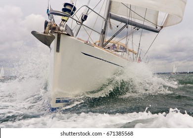 Close up of sailing boat, sail boat or yacht at sea