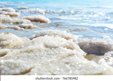 Close Up Of Salt Background. Natural Salt. Dead Sea Salt Mineral Natural Formations. Salt Crystals From Dead Sea. View Of Dead Sea Coastline. Texture Of Dead Sea. Salty Seashore