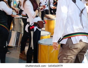 Close Up Of Samba Drum Musicians At A Street Party Carnival