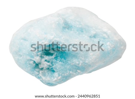 close up of sample of natural stone from geological collection - raw blue aragonite mineral isolated on white background