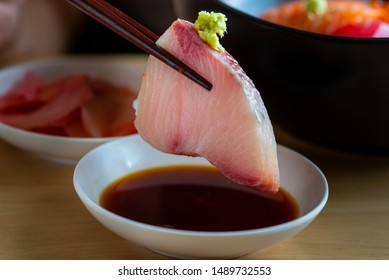 Close up of sashimi Japanese food, Sashimi hamachi and wasabi.